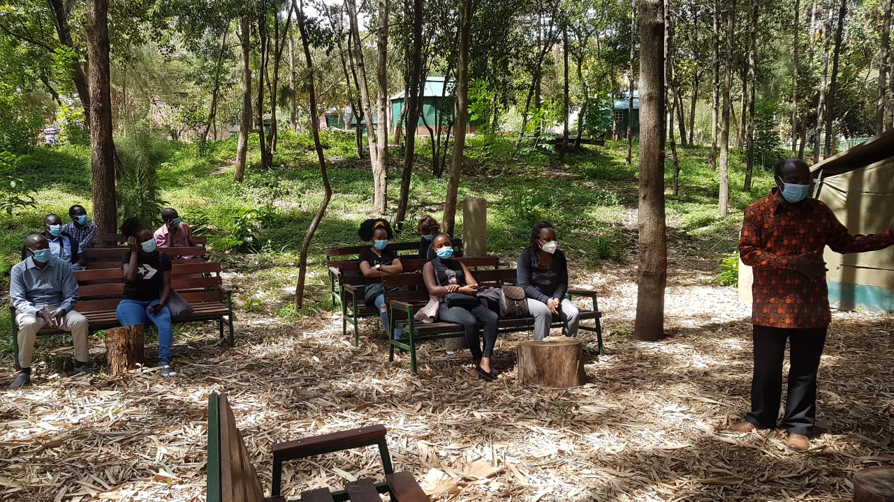 Prof. N. J. Muthama, Deputy Director, WMI  (right) with WMI PhD and MSc students during the experiential learning field exercise at John Michuki Memorial Park on March 18, 2021