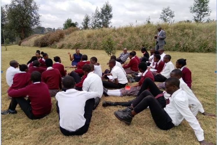 Dr. J. Mutune, WMI, Mr. H. Kahi, WMI, Deputy Principal, teachers and students from Mama Ngina Sec. School during the visit at the Wangari Maathai Institute, photo credit, Ms. Ngugi