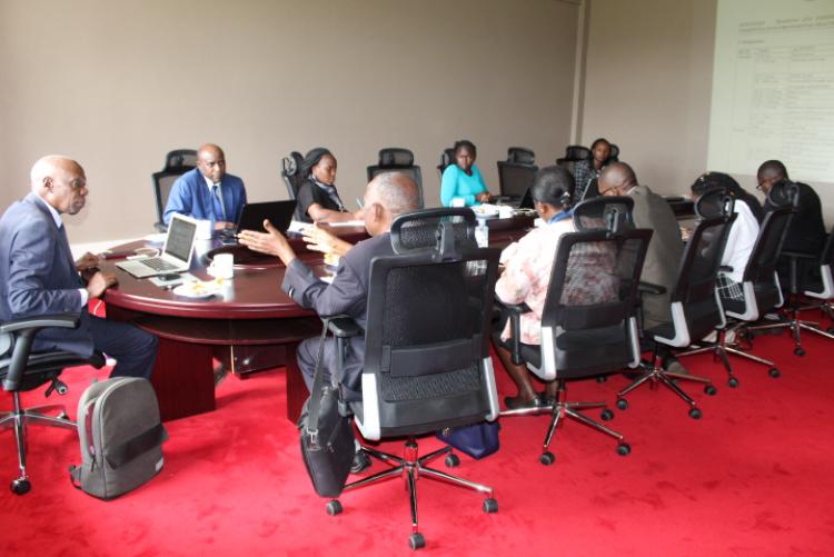 Prof.  David Mungai, Director, WMI, Chairing a joint meeting between the Wangari Maathai Institute  and the Environment Institute of Kenya on January 23, 2020 at the WMI Campus