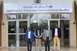 Environmental Institute of Kenya visit WMI  on 19th October 2023 to explore continued collaboration. From left Prof J. Muthama- WMI; Mr Alex Mugambi- Chair- EIK, Prof. T. Thenya, Director WMI, Ronald Kimtai- CEO-EIK